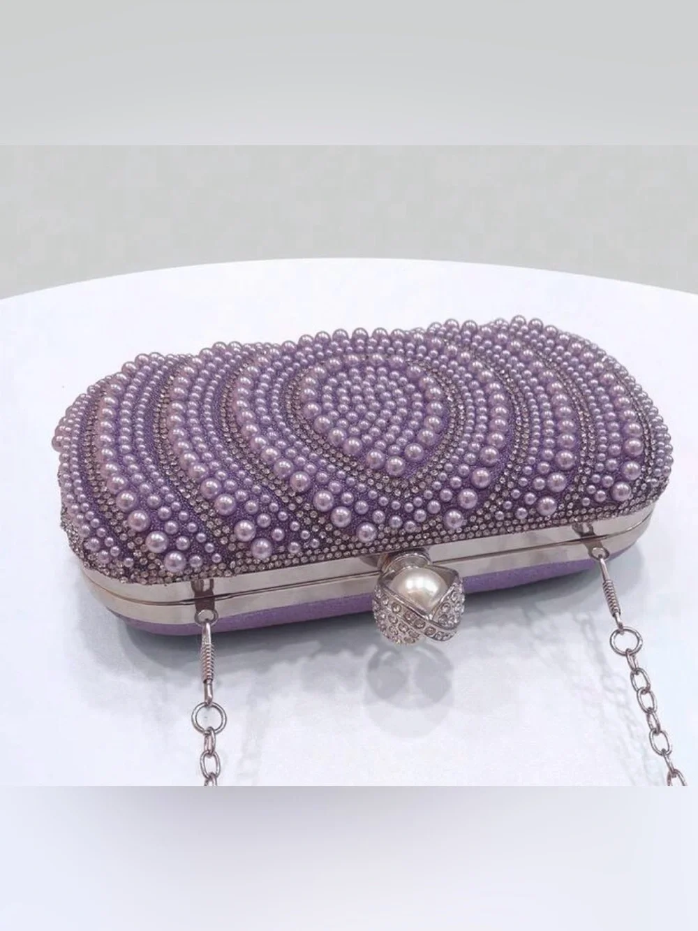 Pearl & Crystal Embellished Clutch - Purple